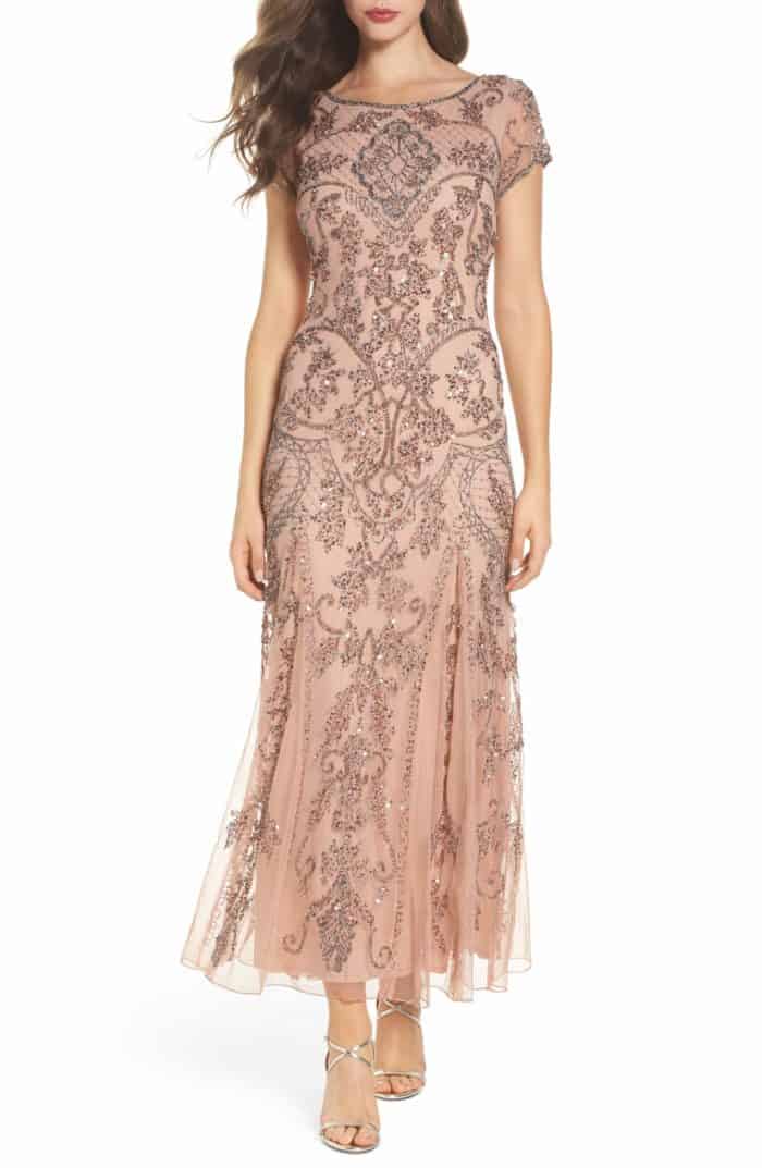 blush beaded mother of the bride dress with short sleeves