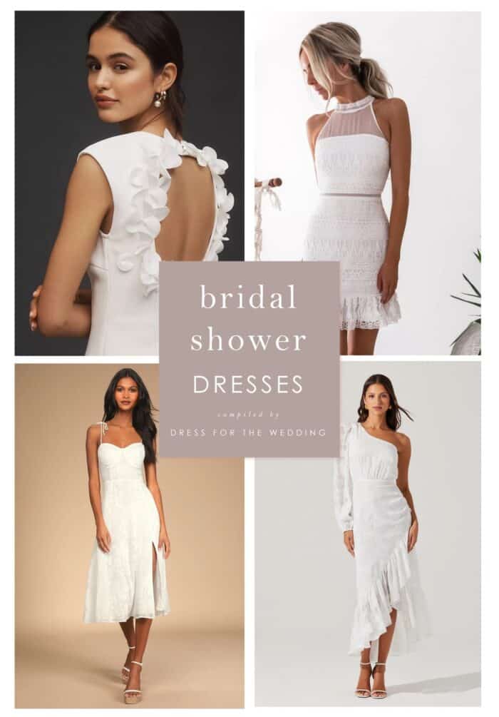 Collage of 4 examples of white dresses for brides to wear to their bridal showers