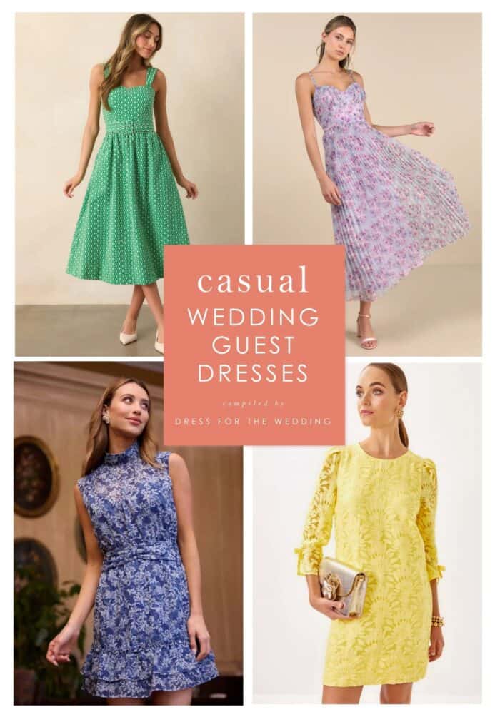 Collage of 4 images of dressy casual green, lavender, blue, and yellow wedding guest dresses show on models