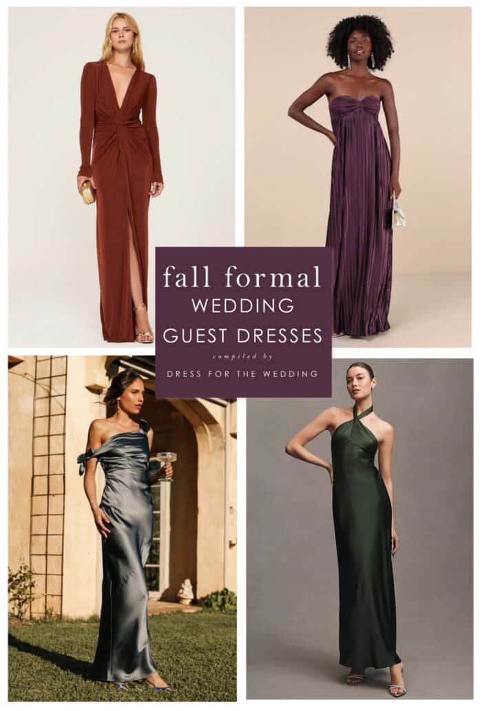 A collage of 4 formal dresses for black tie weddings in autumn