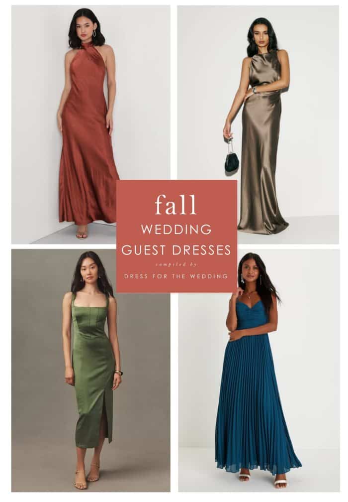 4 square collage of a rust long dress, taupe satin gown, green corset cocktail dress and teal maxi dress for a fall wedding guest dress article.