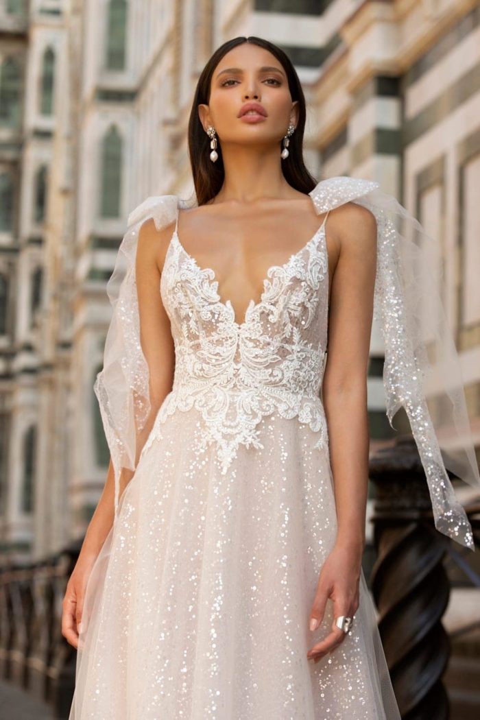 lace bodice v neck sequin tulle wedding dress