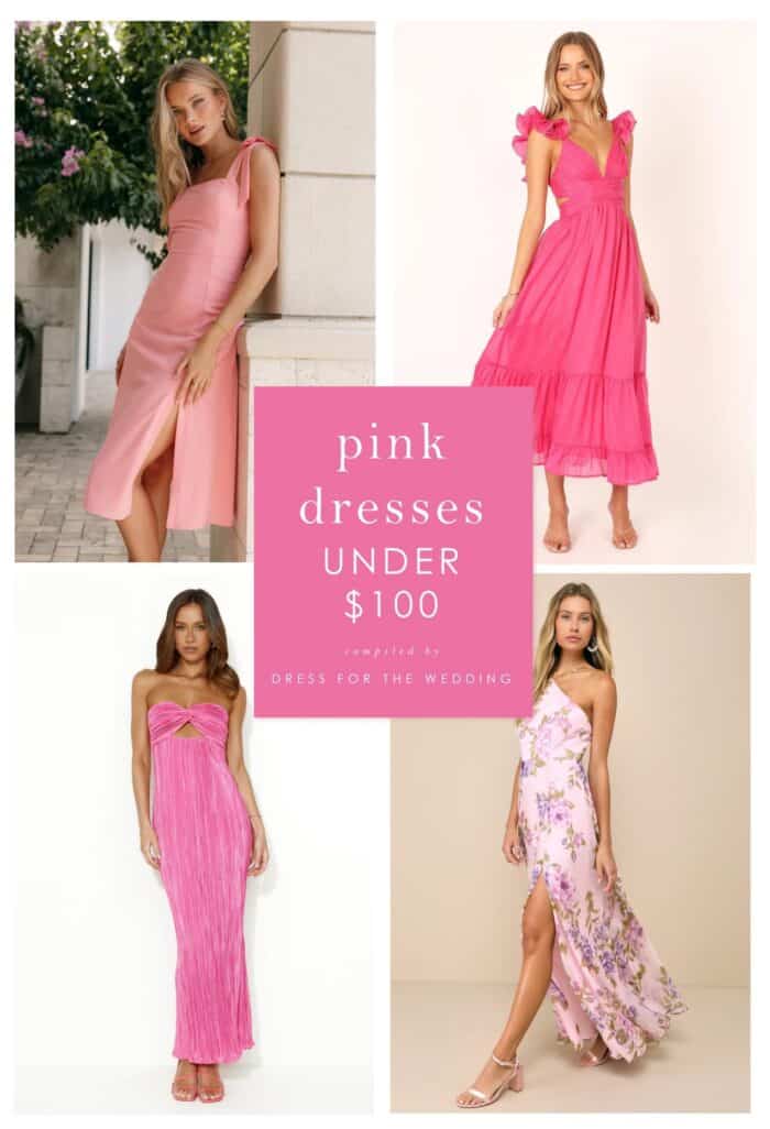 collage of women models wearing pink dresses
