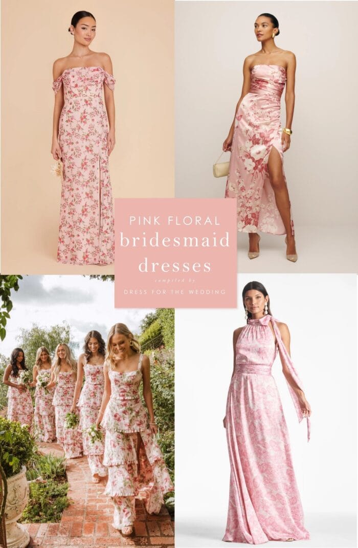 Collage of 4 images showing pink floral dresses for bridesmaids