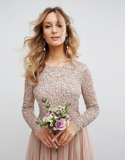 Long sleeve neutral bridesmaid dress