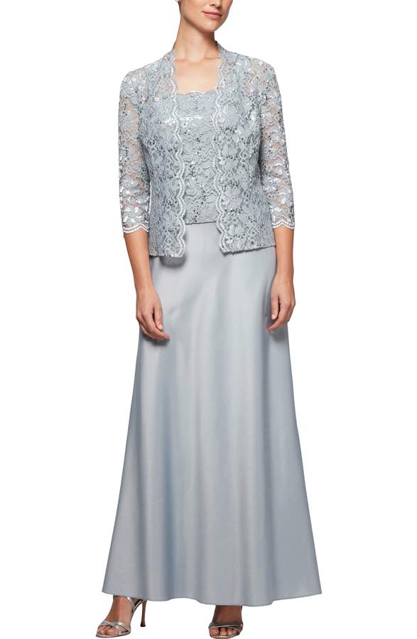 silver lace jacket and gown for mother of the bride
