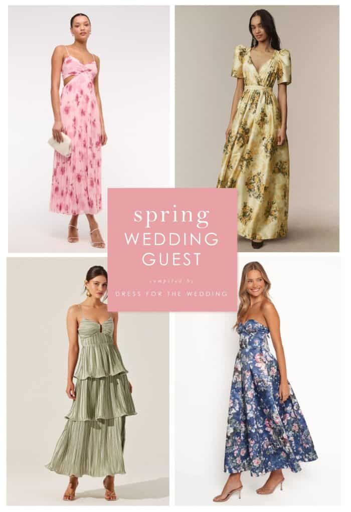 Collage of 4 dresses shown on models depicting wedding attire for spring weddings