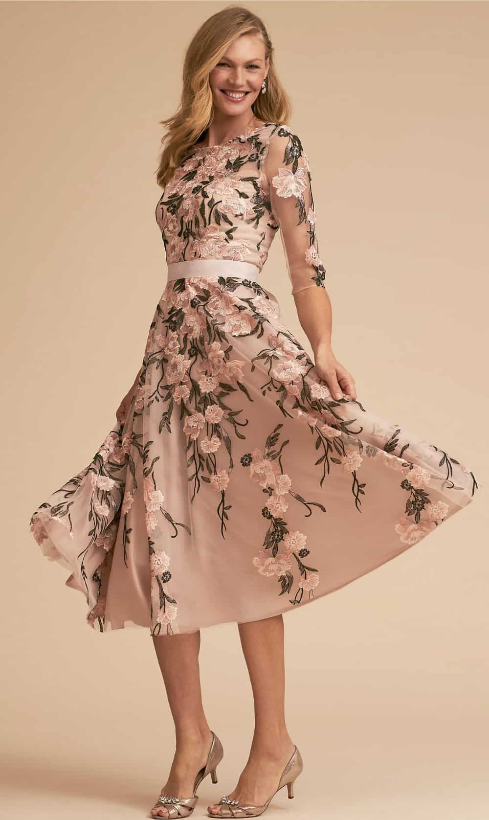 Tea length floral dress with sleeves for mother of the bride