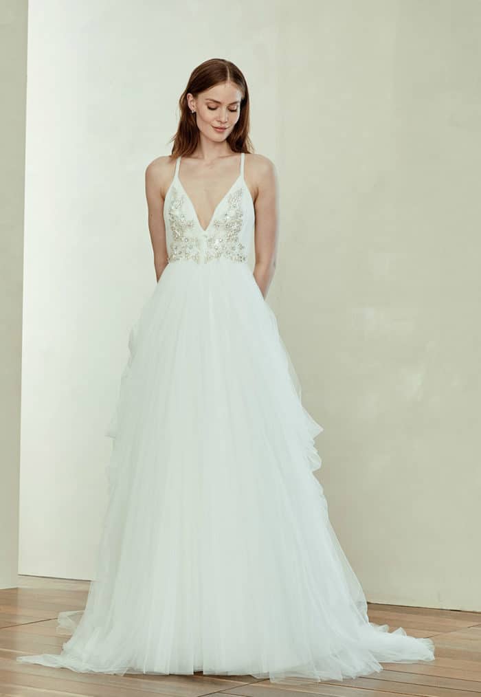 A soft tulle V neck wedding dress with embellished bodice | Terri by Amsale